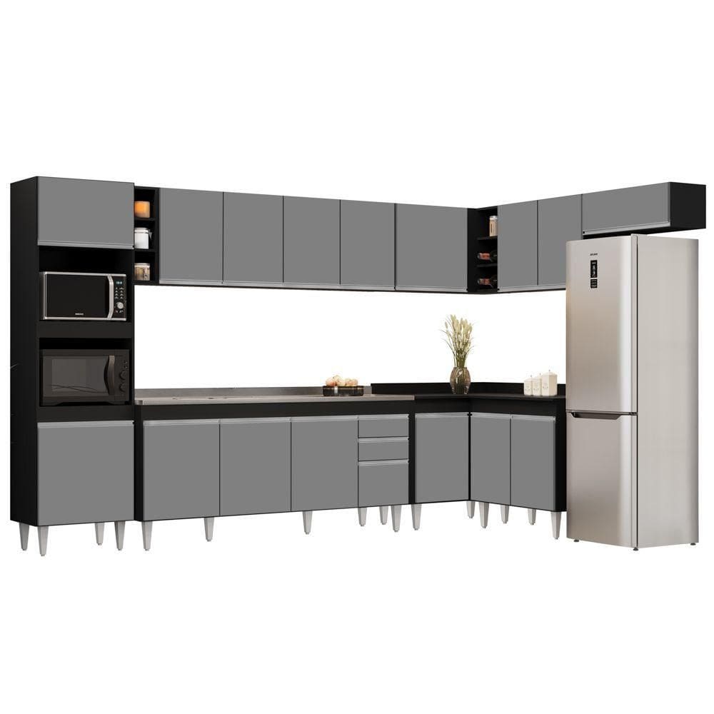 Armário De Cozinha Modulada De Canto 9 Peças Cp06 Balcão Com Pia Inox Preto/cinza - Lumil