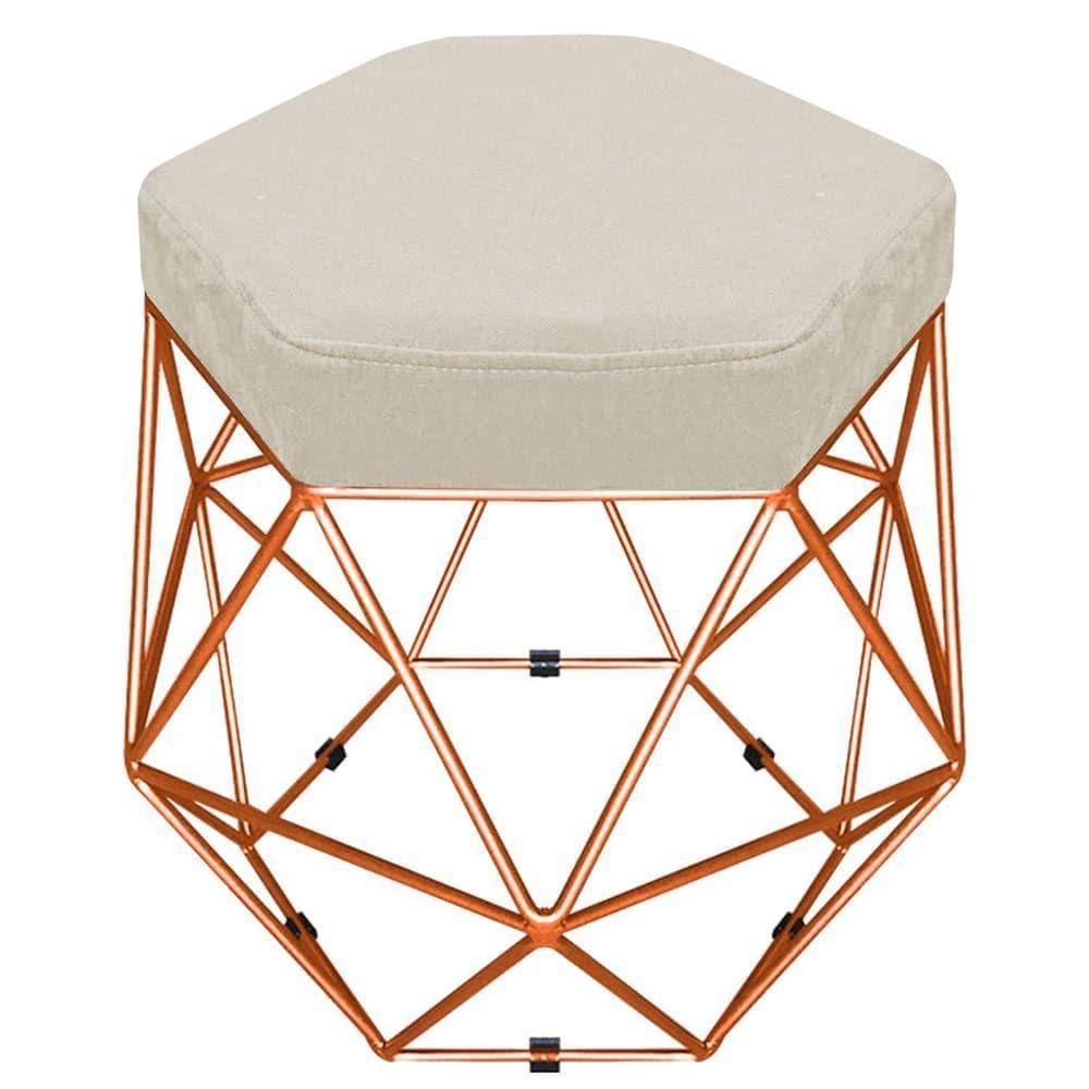 Puff Banco Aramado Hexagonal Base Eiffel Bronze Suede Bege