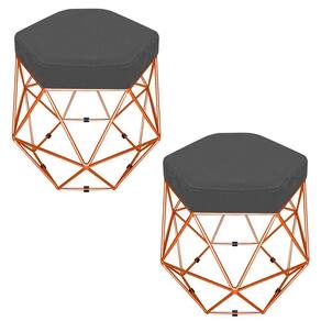 Kit 02 Puffs Banco Aramado Hexagonal Bronze Suede Cinza