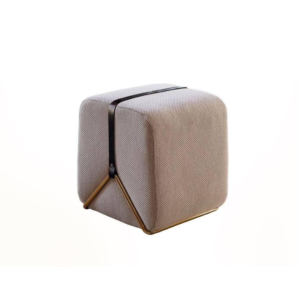 Puff Decorativo Slim Base Cromada Ouro E Linho jacquard Bege
