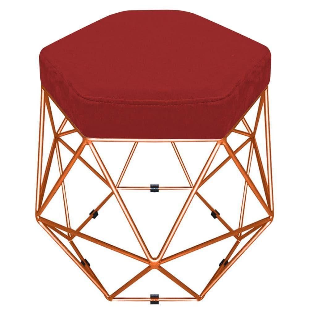 Puff Banco Aramado Hexagonal Bronze Suede Vermelho