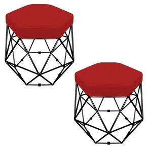 Kit 02 Puffs Banco Aramado Hexagonal Preta Suede Vermelho