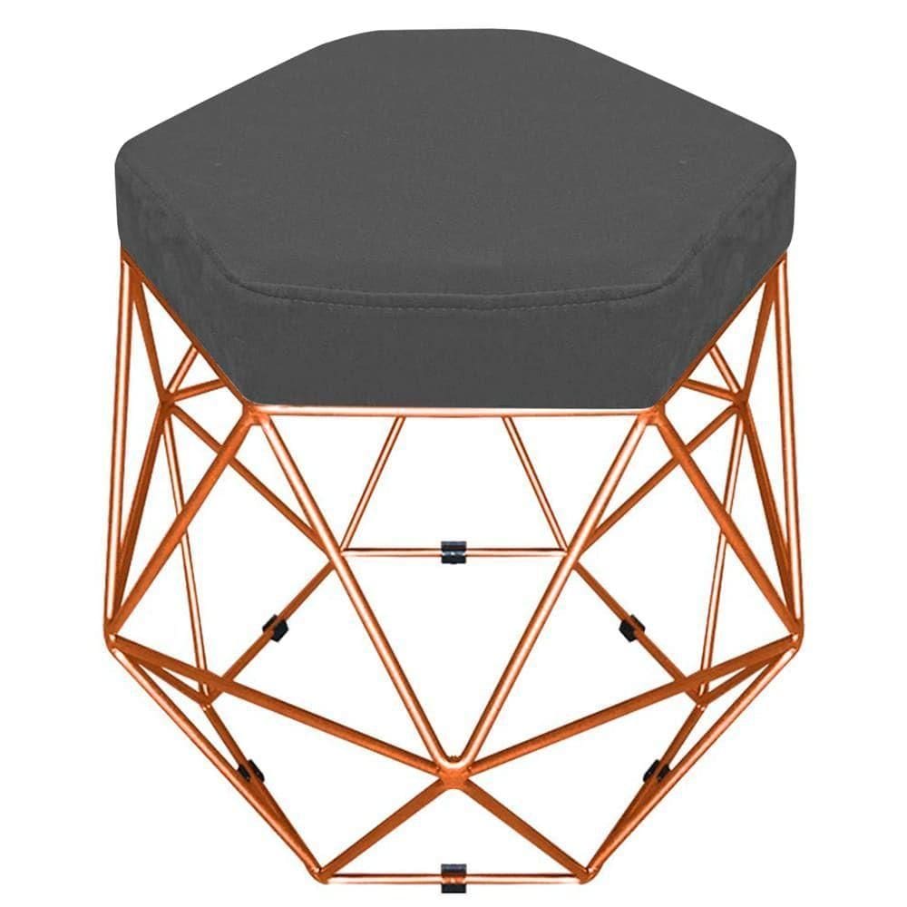 Puff Banco Aramado Hexagonal Bronze Suede Cinza