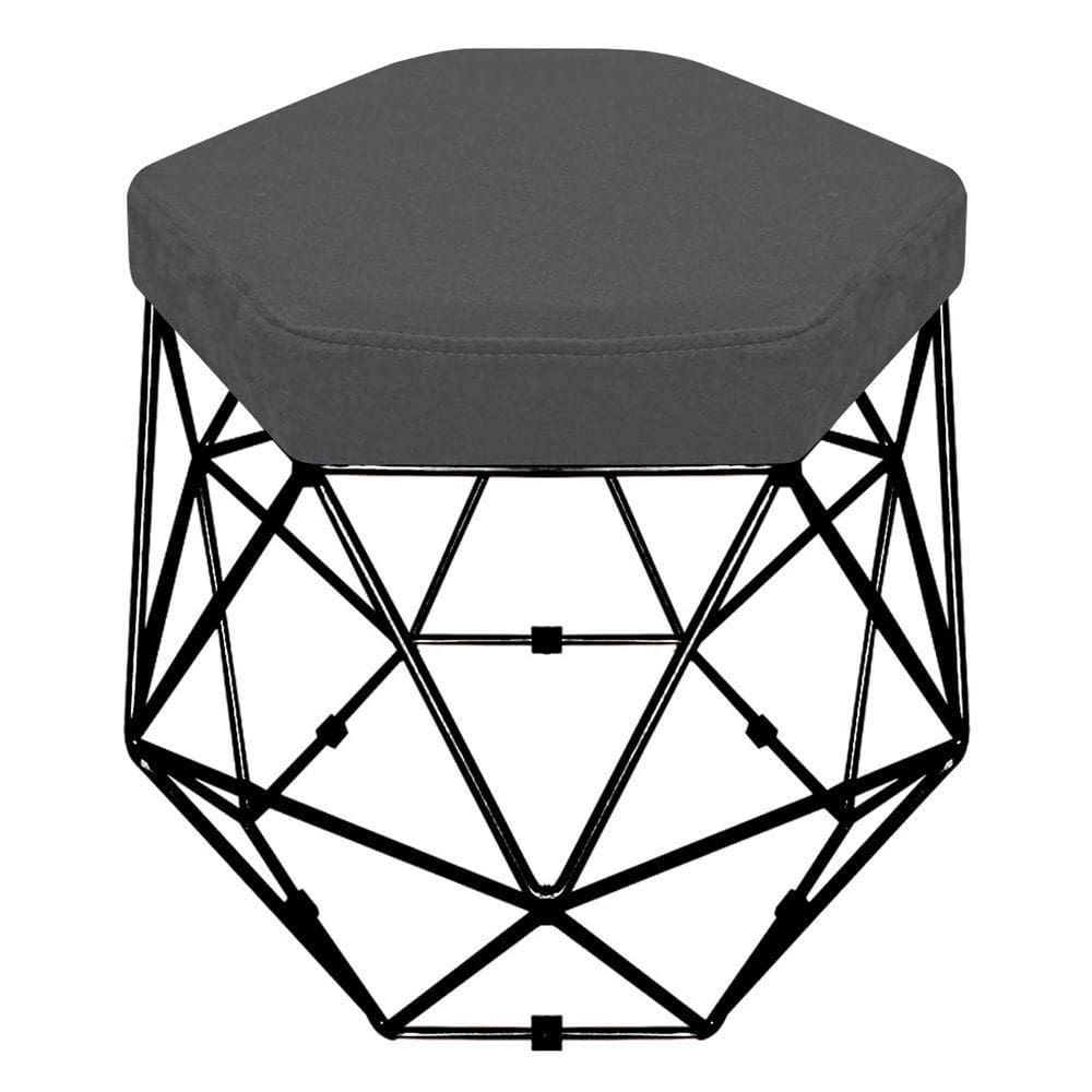 Puff Banco Aramado Hexagonal Base Eiffel Preta Suede Cinza