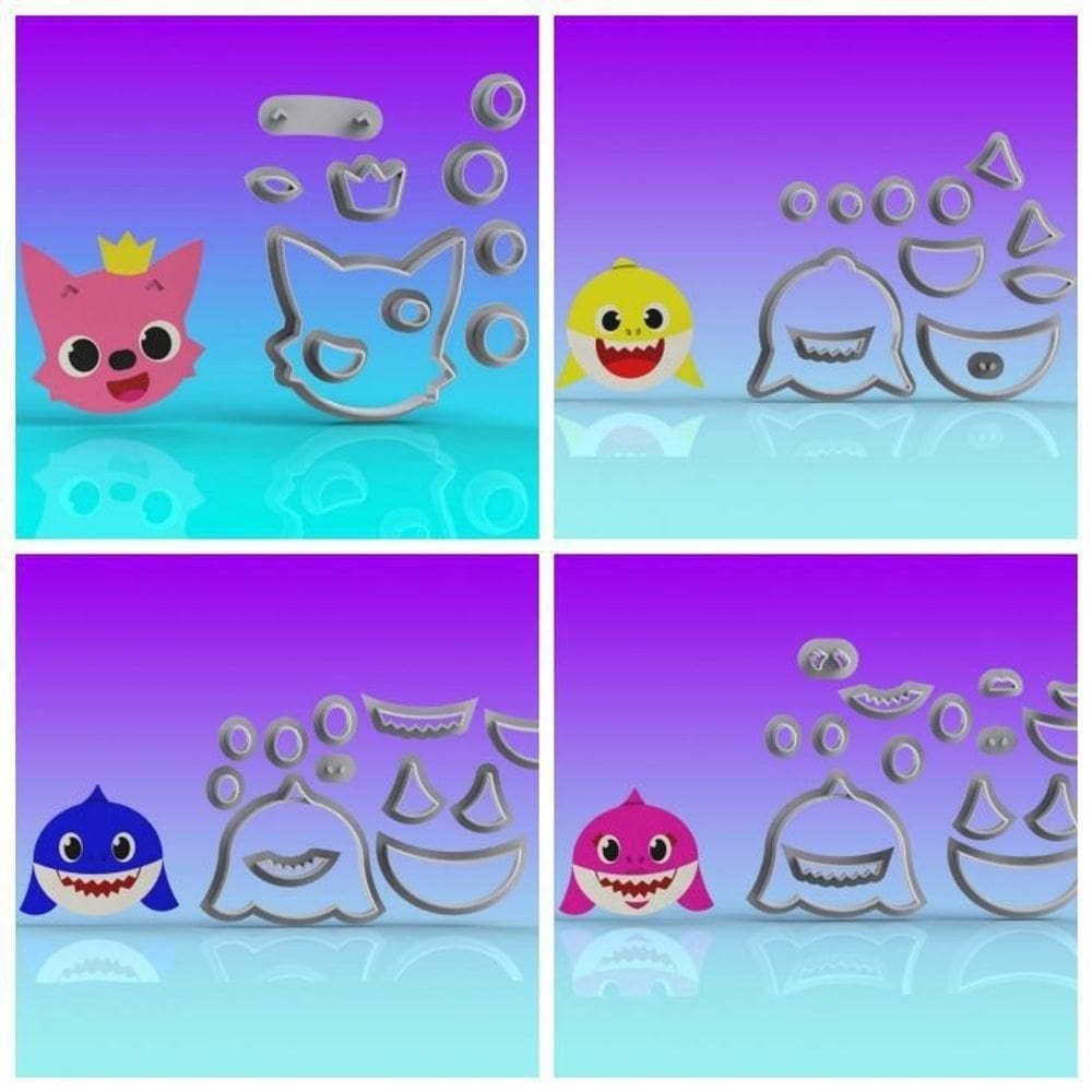 Cortador Kit Baby Shark Rostos 4 Personagens Tamanho 4cm