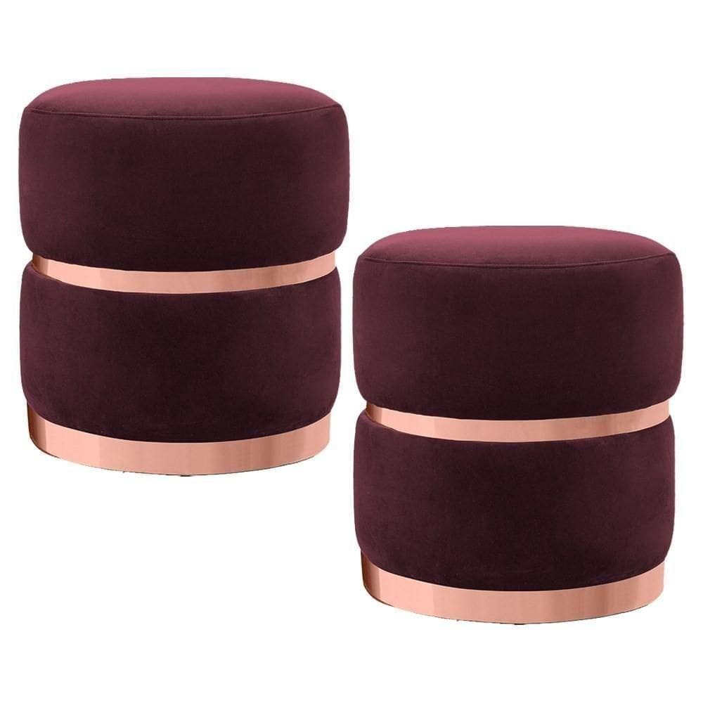 Kit 2 Puffs Cinto e Aro Rosê Round B-278 Veludo Marsala