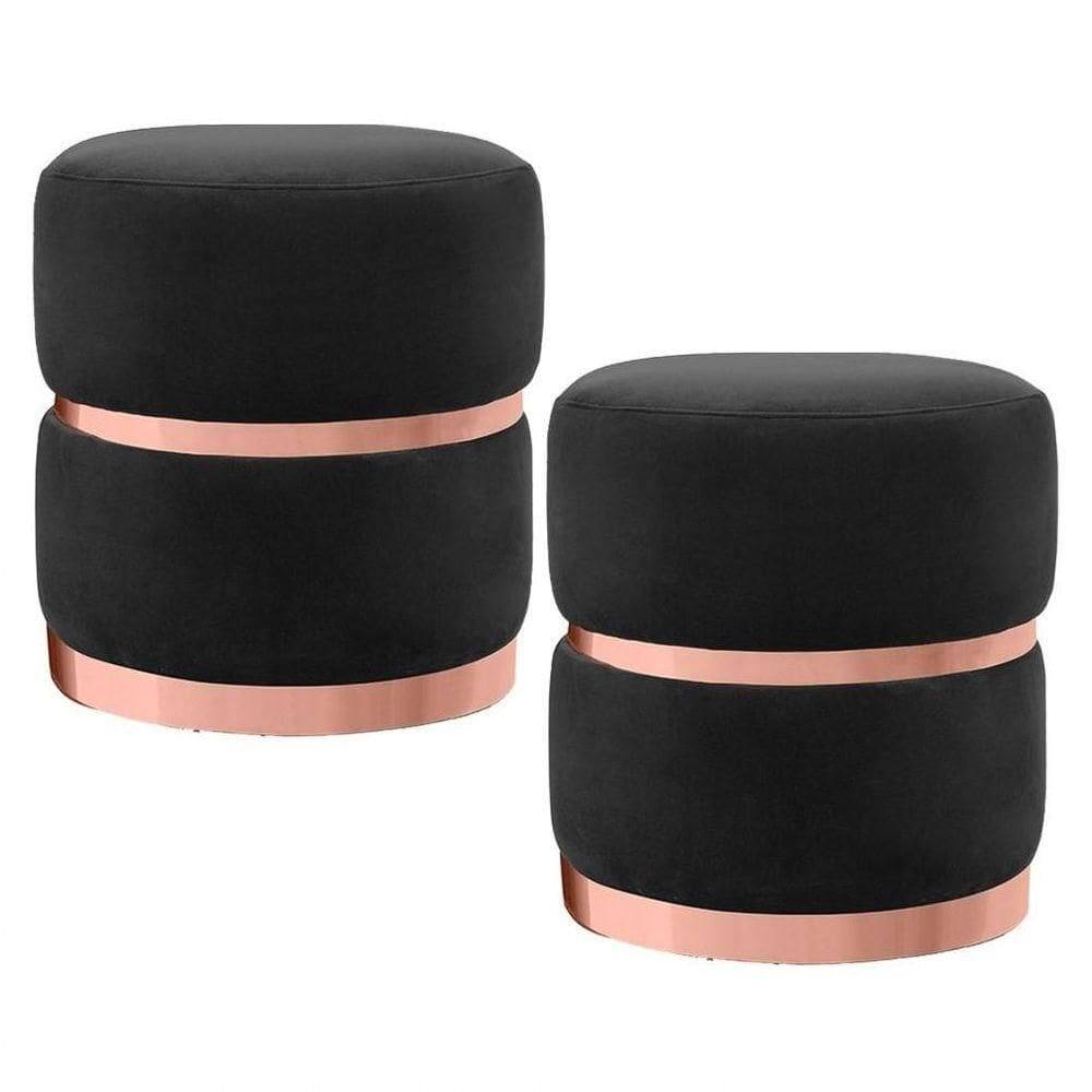 Kit 2 Puffs Cinto E Aro Rosê Round B-300 Veludo Preto