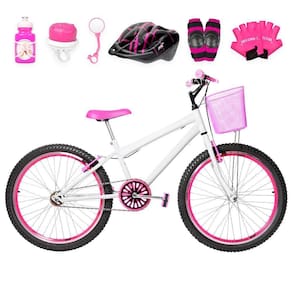 Bicicleta Feminina Aro 24 Aero + Kit Proteção Cor Branca E Pink