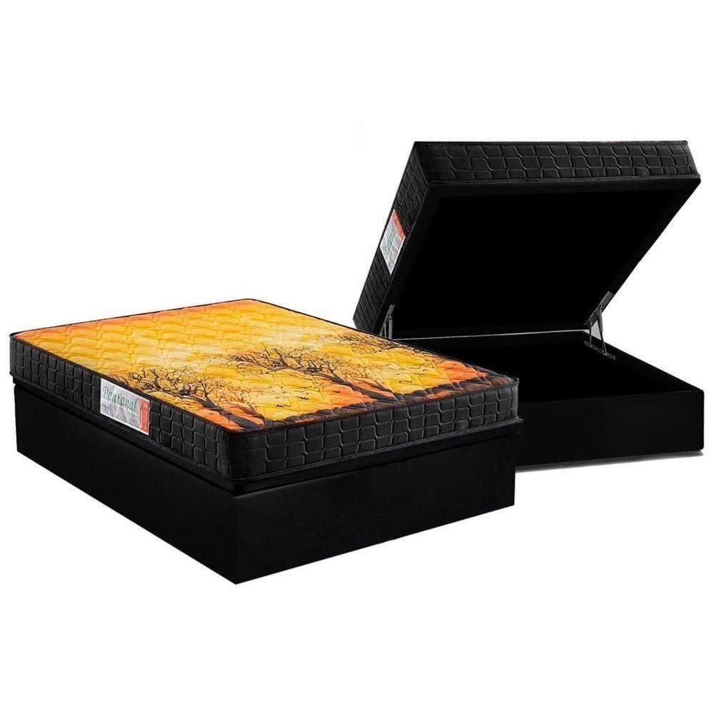 Cama Box Baú Casal: Colchão Anatômico Anjos D28 / Ag65 Pantanal + Base Crc Suede Black(138X188)