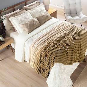 Coordenado Cobre Leito E Cobertor Fluflu Queen Ultrasoft Alto Relevo Dupla Face - Cáqui