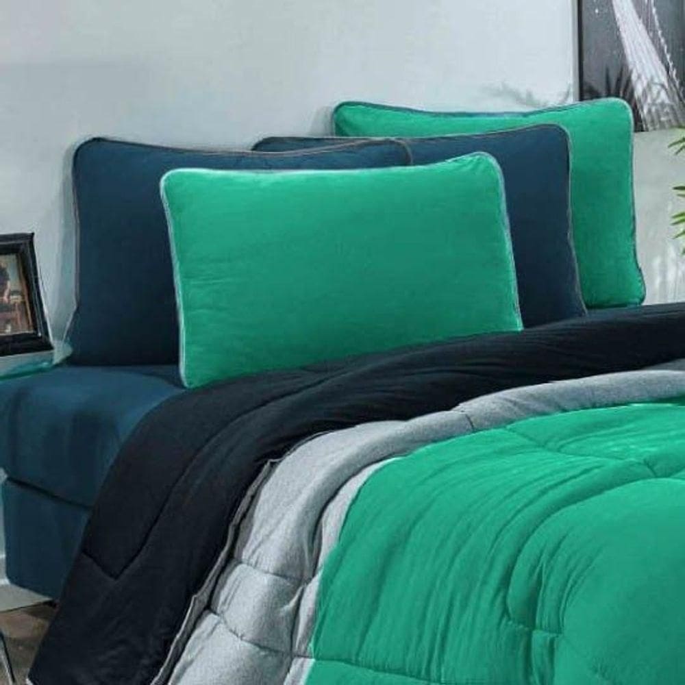 Edredom Malha 100% Algodão Urbano 1 Peça Solteiro - Verde Jade-mescla-preto