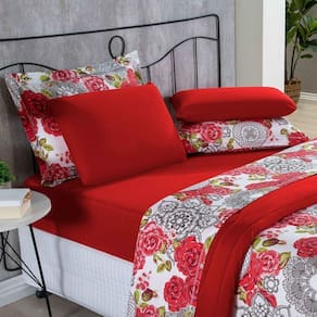 Kit Edredom Malha 100% Algodão Primavera 3 Peças Casal Floral Vermelho