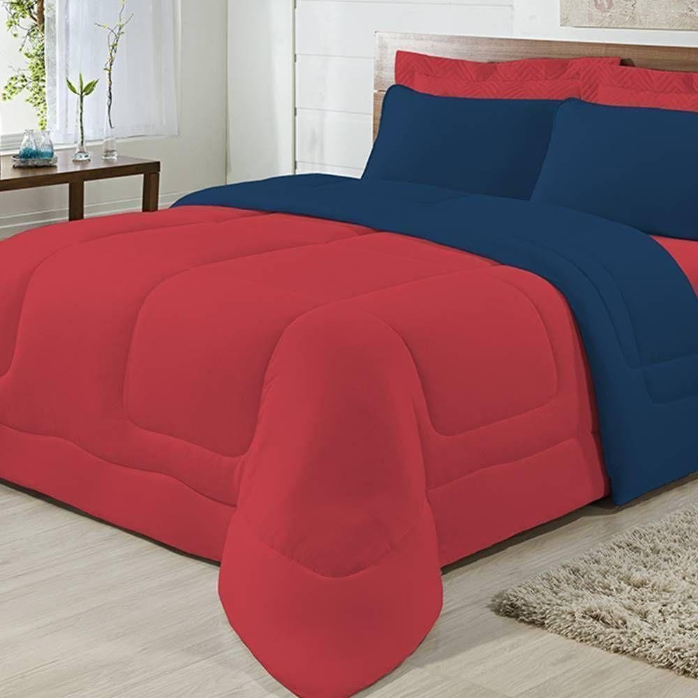 Edredom Dupla Face 100% Algodão Malha Solteiro Gran Moratta 01 Peça - Marinho- Vermelho