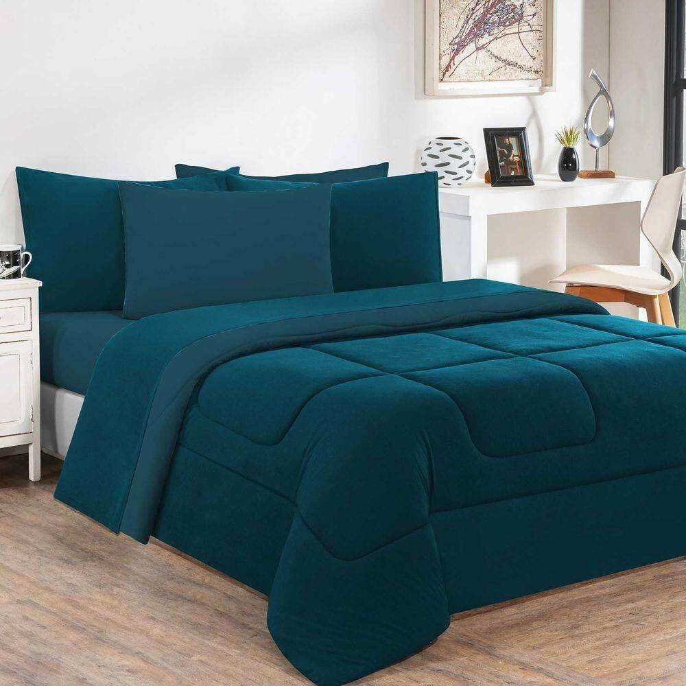 Kit Edredom Malha 100% Algodão Gran Moratta 2 Peças Solteiro - Azul Petróleo-azul Petróleo