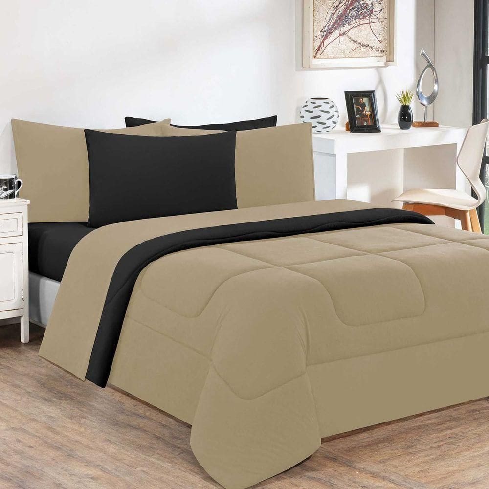 Kit Edredom Malha 100% Algodão Gran Moratta 3 Peças Casal - Avelã-preto