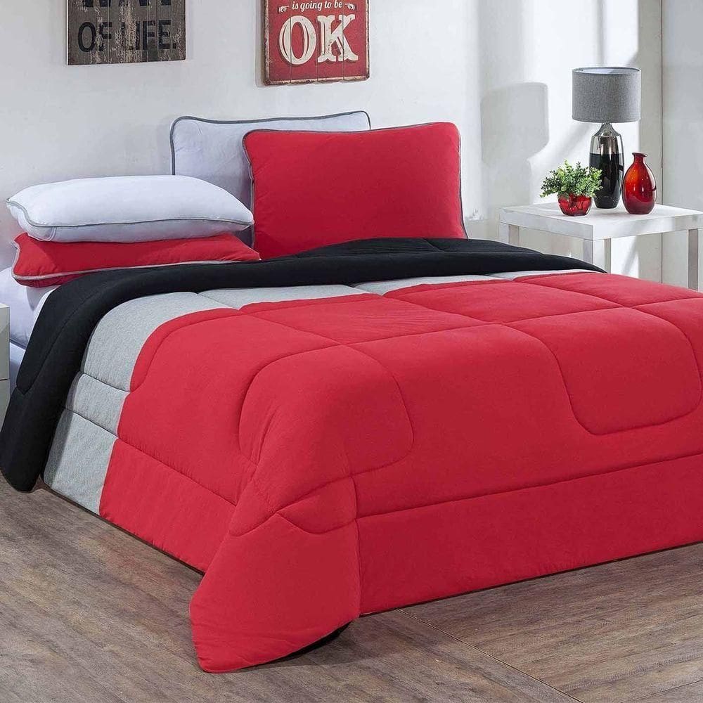 Kit Edredom Malha 100% Algodão Urbano 2 Peças Solteiro - Vermelho-mescla-preto