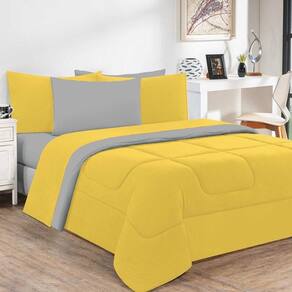Kit Edredom Malha 100% Algodão Gran Moratta 2 Peças Solteiro - Amarelo-cinza