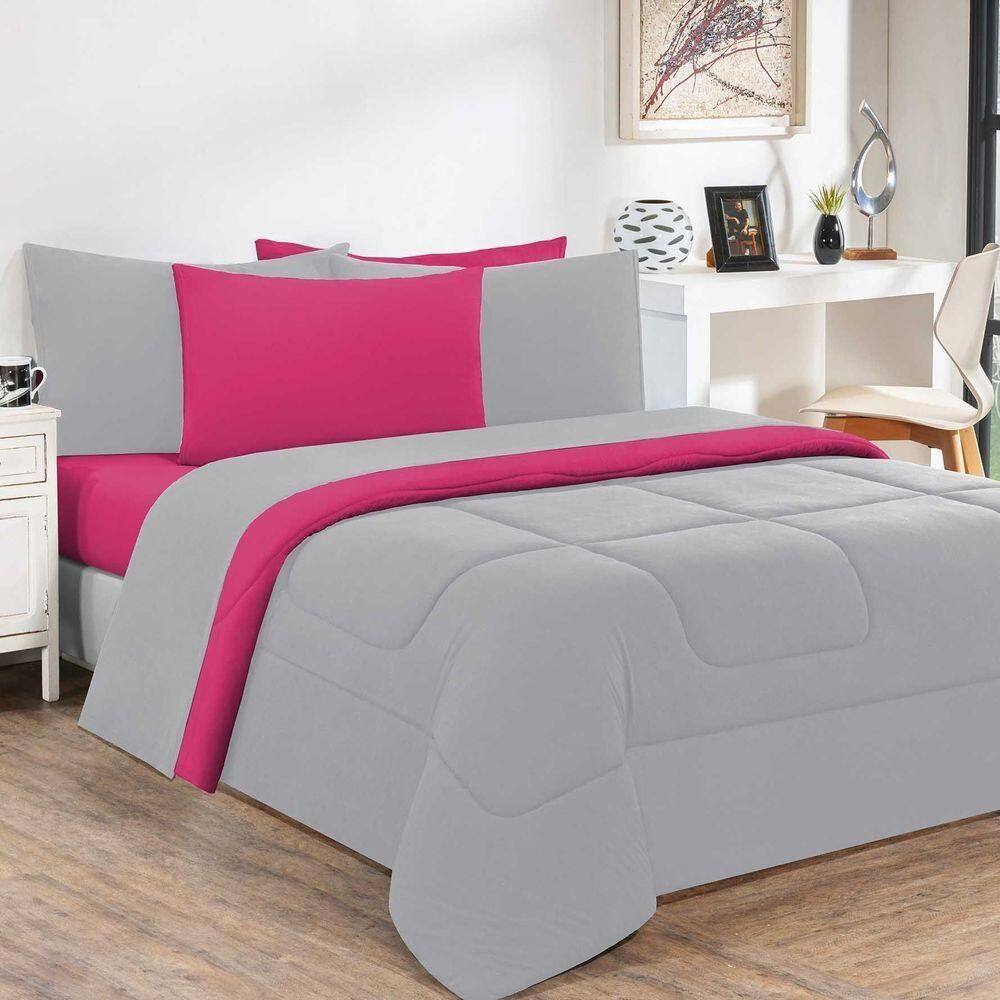 Kit Edredom Malha 100% Algodão Gran Moratta 3 Peças Queen - Cinza-pink