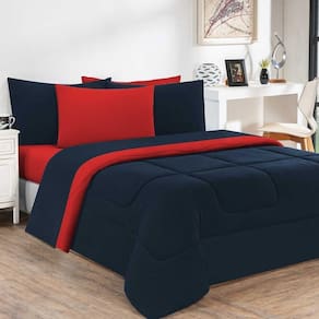 Kit Edredom Malha 100% Algodão Gran Moratta 3 Peças King - Azul Marinho-vermelho