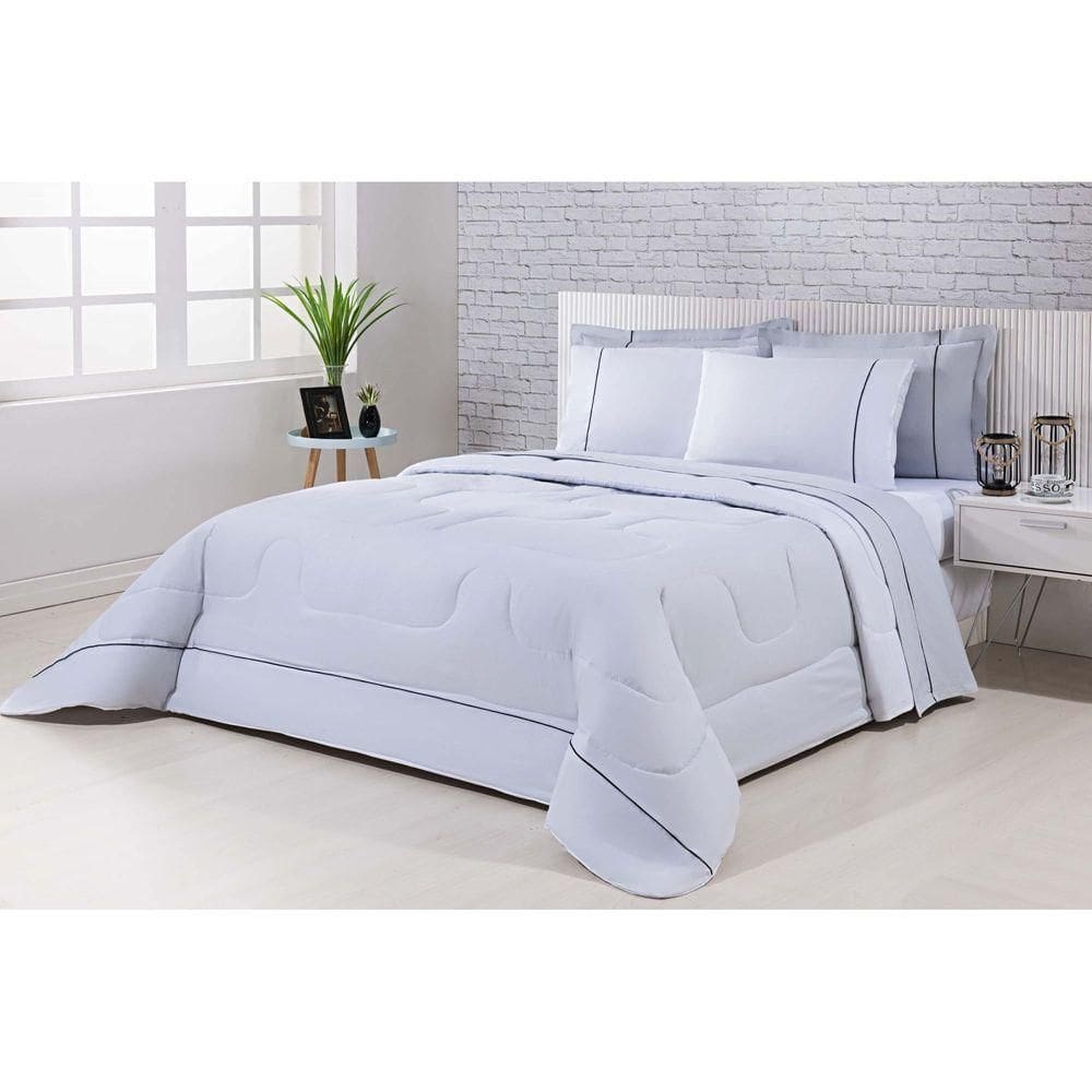 Kit Edredom 100% Algodão Percal 150 Fios Dupla Face Casal + Jogo De Cama Gran Moratta 7 Peças - Cinza-branco