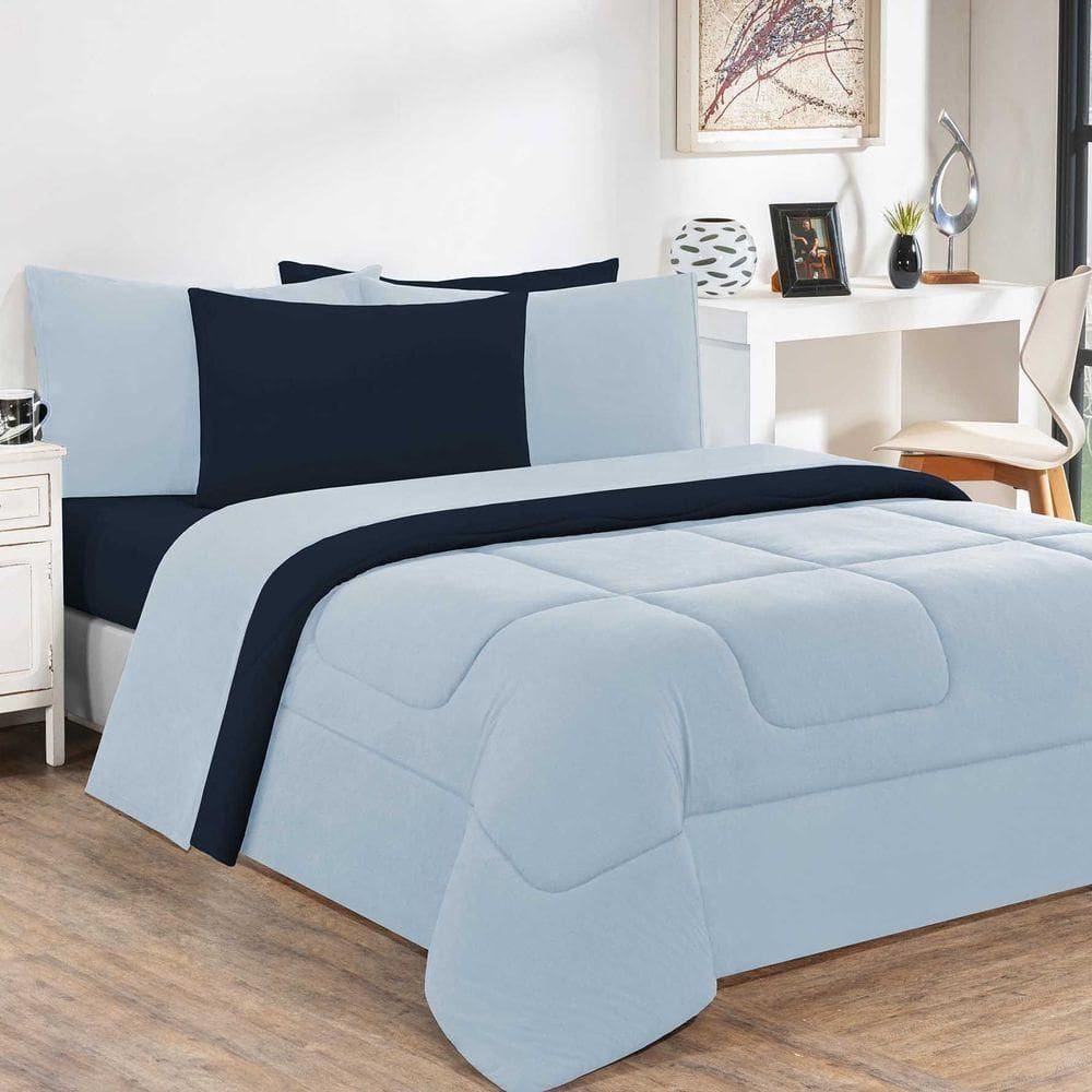 Kit Edredom Malha 100% Algodão Gran Moratta 3 Peças Queen - Azul Bebê-azul Marinho