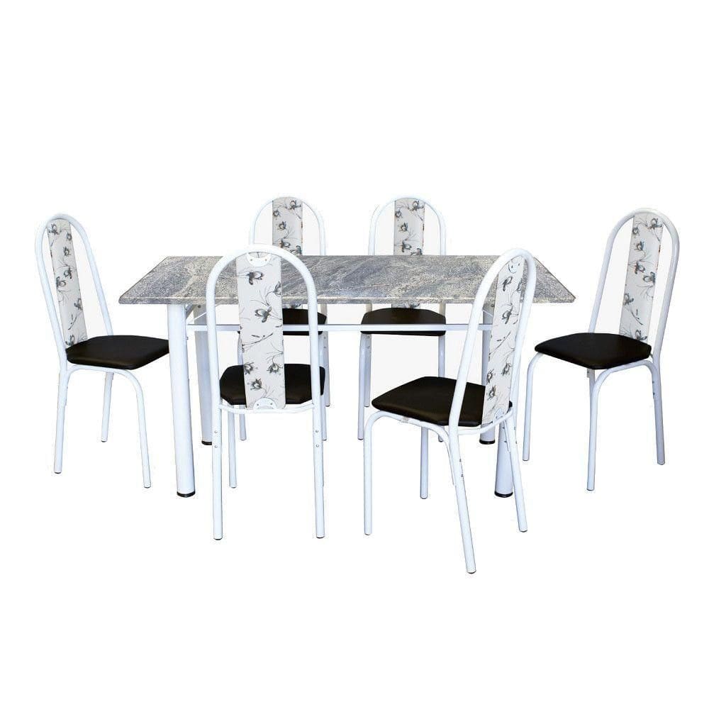 Conjunto De Mesa Michelly Com 06 Cadeiras 150x75cm Moura Branco-preto-branco Floral