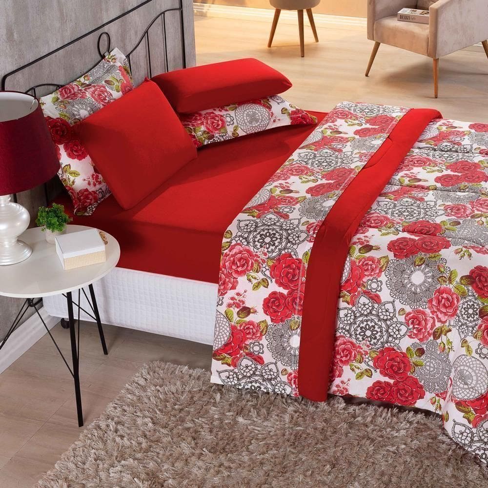 Kit Edredom Malha 100% Algodão Primavera 3 Peças Queen Floral Vermelho