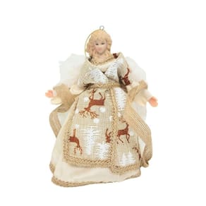 Anjo Decorativo Natal Pendente Rústico Bege Estampado Renas 17cm - Noel Decor