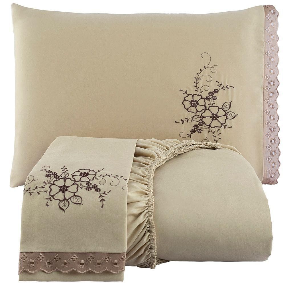 Jogo De Cama Lençol Casal Bordado Advance 3 Peças - Avelã