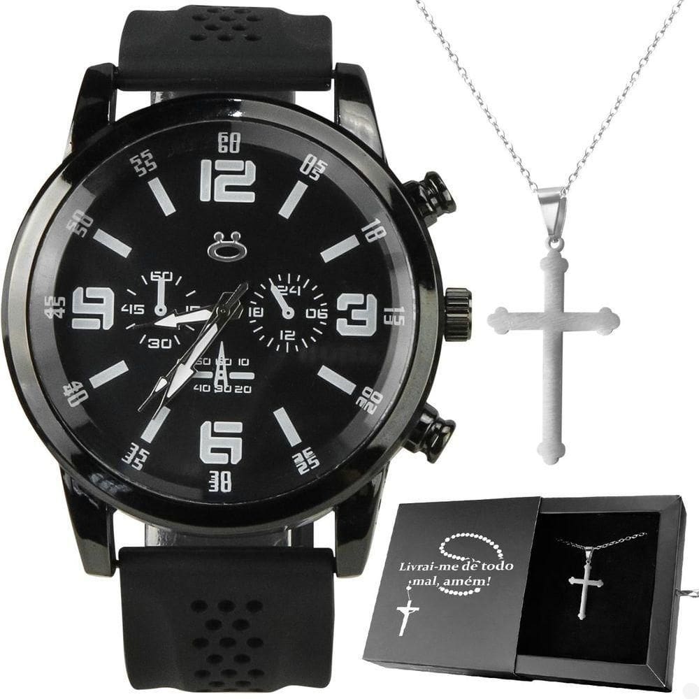 Relogio Masculino Preto Aço + Cordao Crucifixo Ajustavel Black Piano Qualidade Premium Social Prata