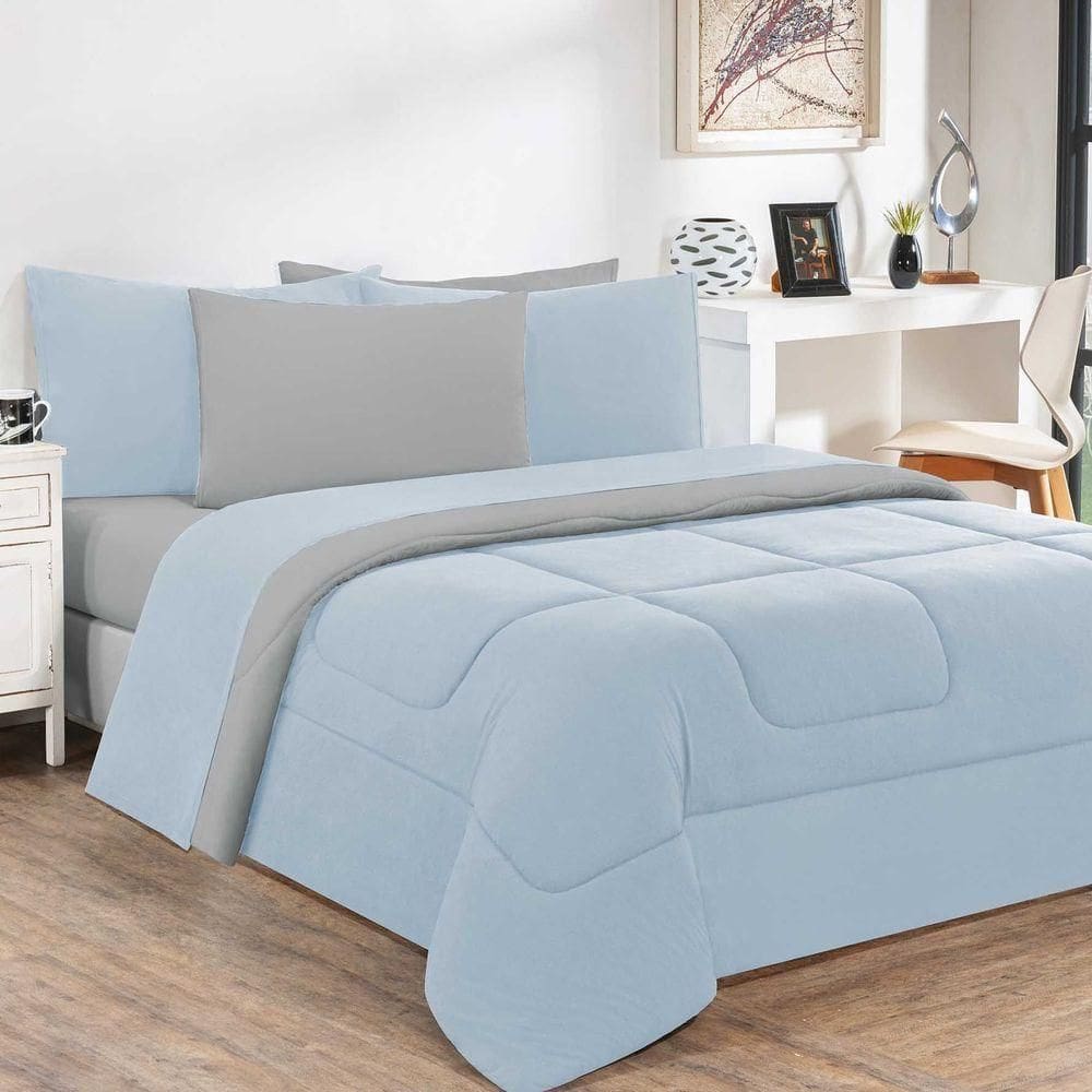 Edredom Malha 100% Algodão Gran Moratta 1 Peça Casal - Azul Bebê-cinza