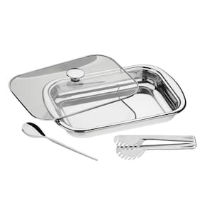 Kit Para Assar E Servir Tramontina Cosmos Em Aço Inox Com Tampa De Vidro 3 Peças