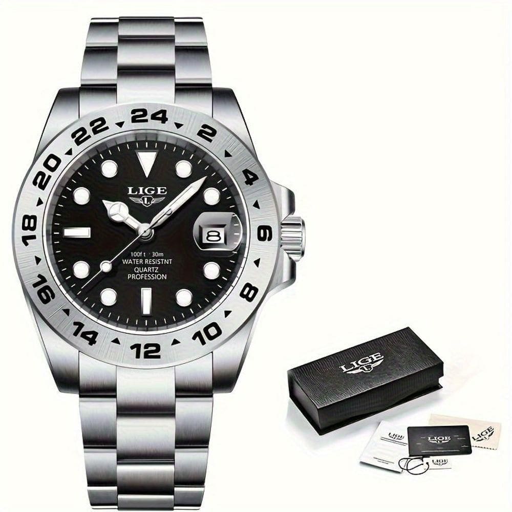 Relógio Masculinos Lige, Moda à Prova D`água Com Data Luminosa, Relógio De Quartzo Em Aço Inoxidável Preto