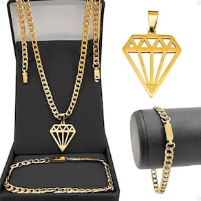 Corrente Pingente Diamante Pulseira Corrente Dourada Aço Inox Cordão Banhado Moda Masculina Estiloso