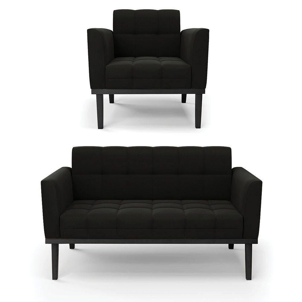 Sofá Namoradeira E Poltrona Base De Madeira Preto Elisa Suede D03 - D`rossi Cor Preto