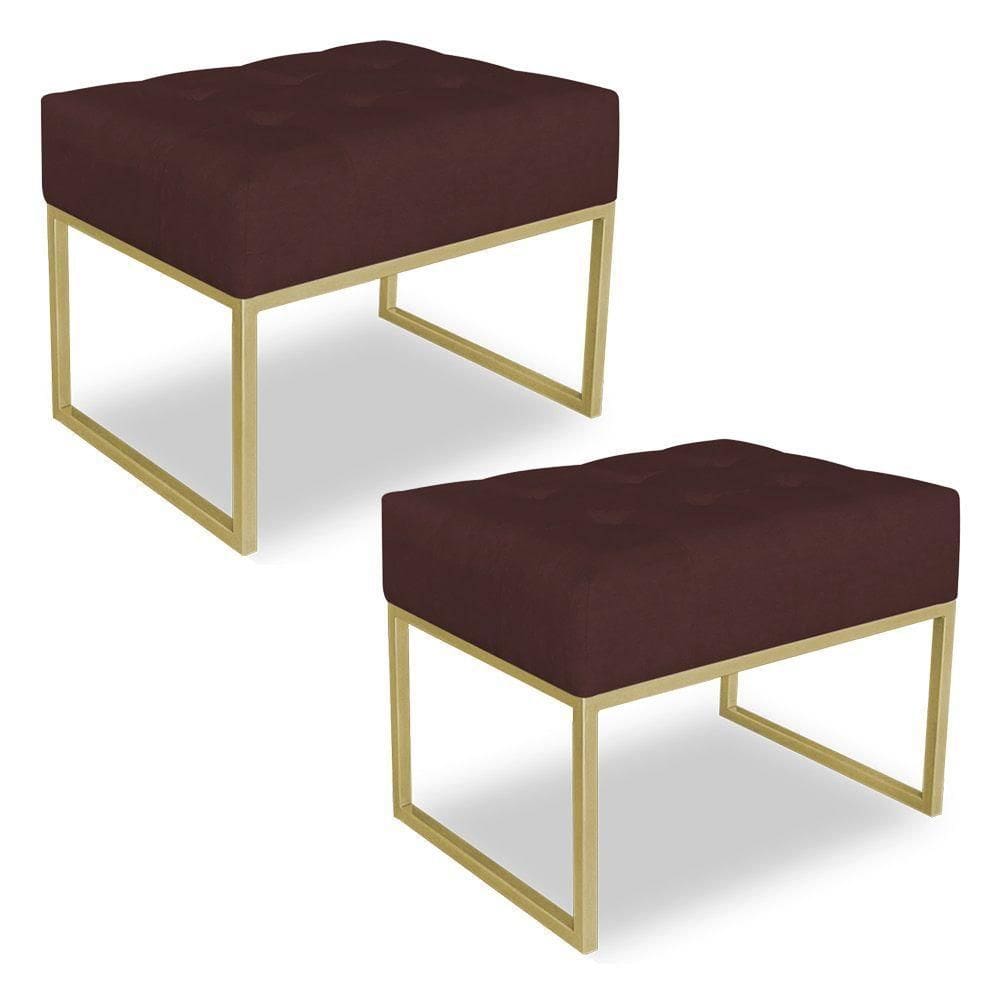Kit 02 Puffs Lisa Suede Base Metálica Industrial Dourado Marsala
