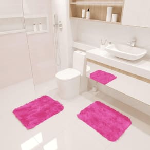 Kit Tapete Banheiro Felpudo Peludo Rosa 40 X 60 Cm