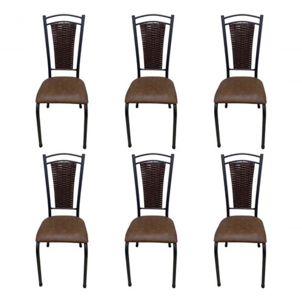 Kit 6 Cadeira De Cozinha Tubular Aço Estofada Encosto Junco Marrom Escuro