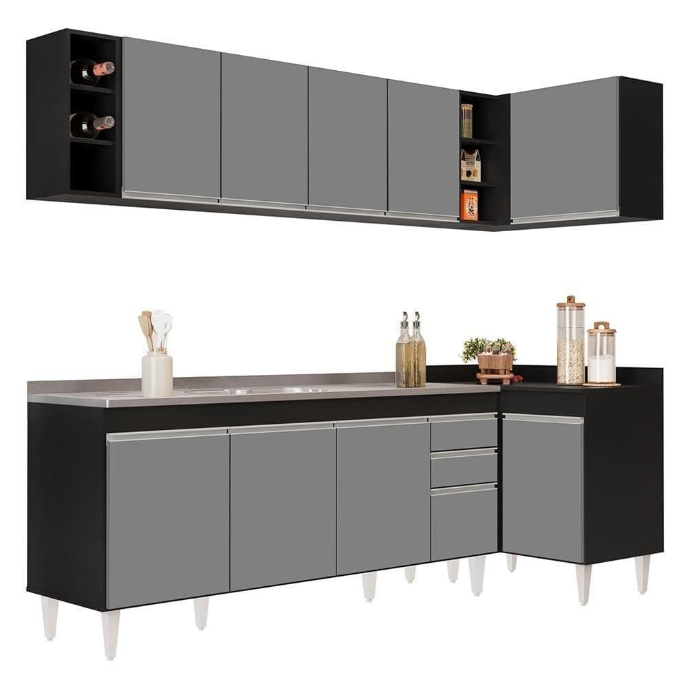 Armário De Cozinha Modulado De Canto Esquerdo 5 Peças Cp54 Com Pia Inox Preto-cinza - Lumil