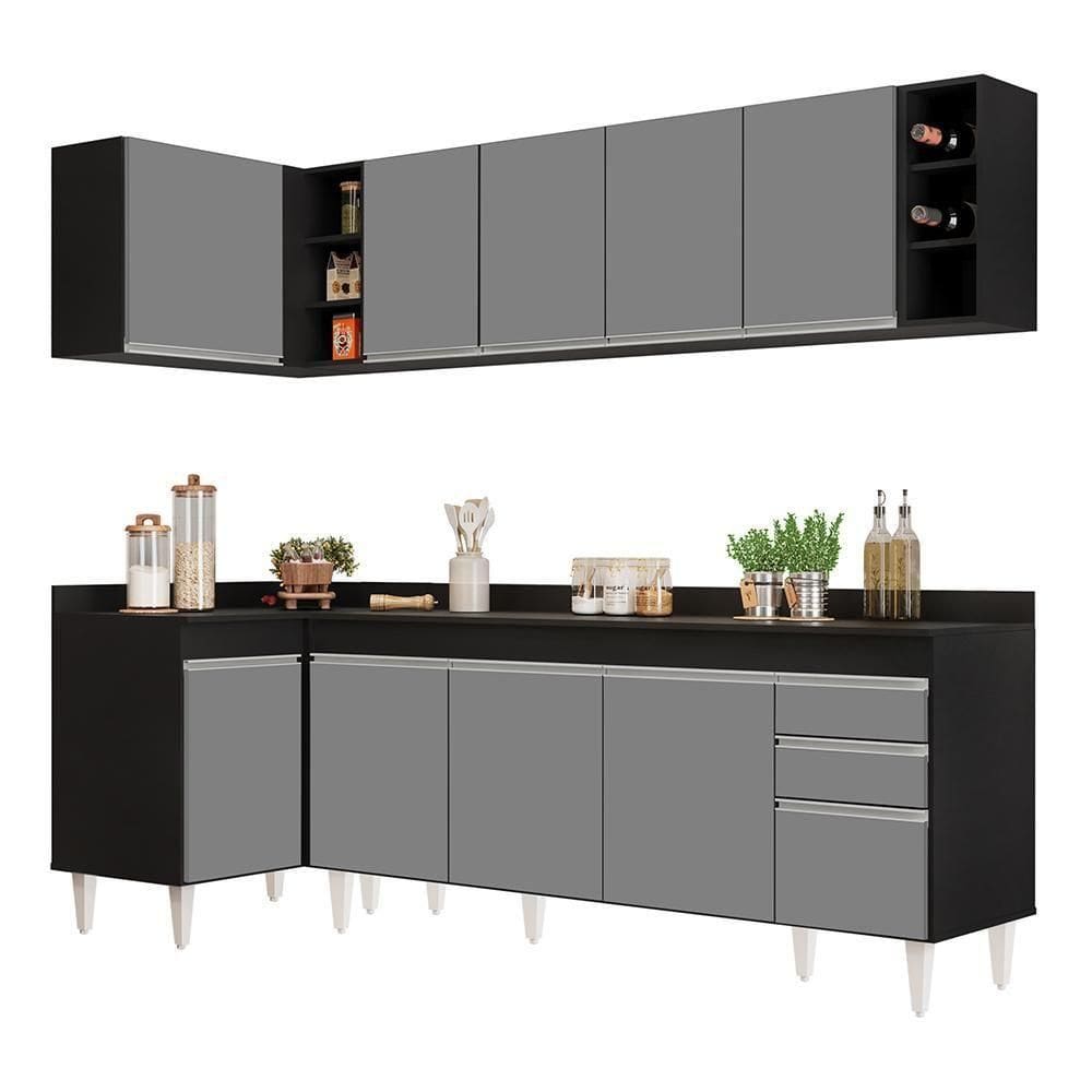 Armário De Cozinha Modulado De Canto Direito 5 Peças Cp44 Balcão Com Tampo Preto-cinza - Lumil