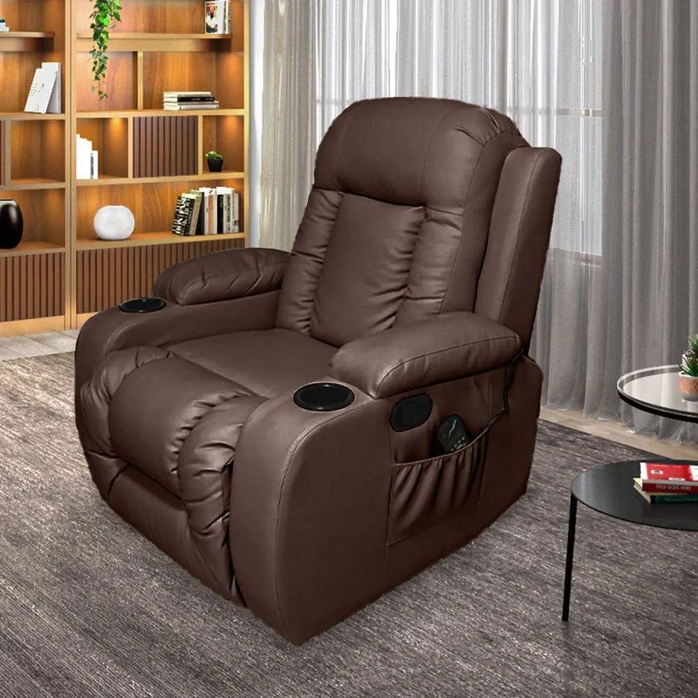 Poltrona Do Papai Reclinável Austin Massagem E Aquecimento Giratório Balanço 2 Porta Copos Pu Marrom