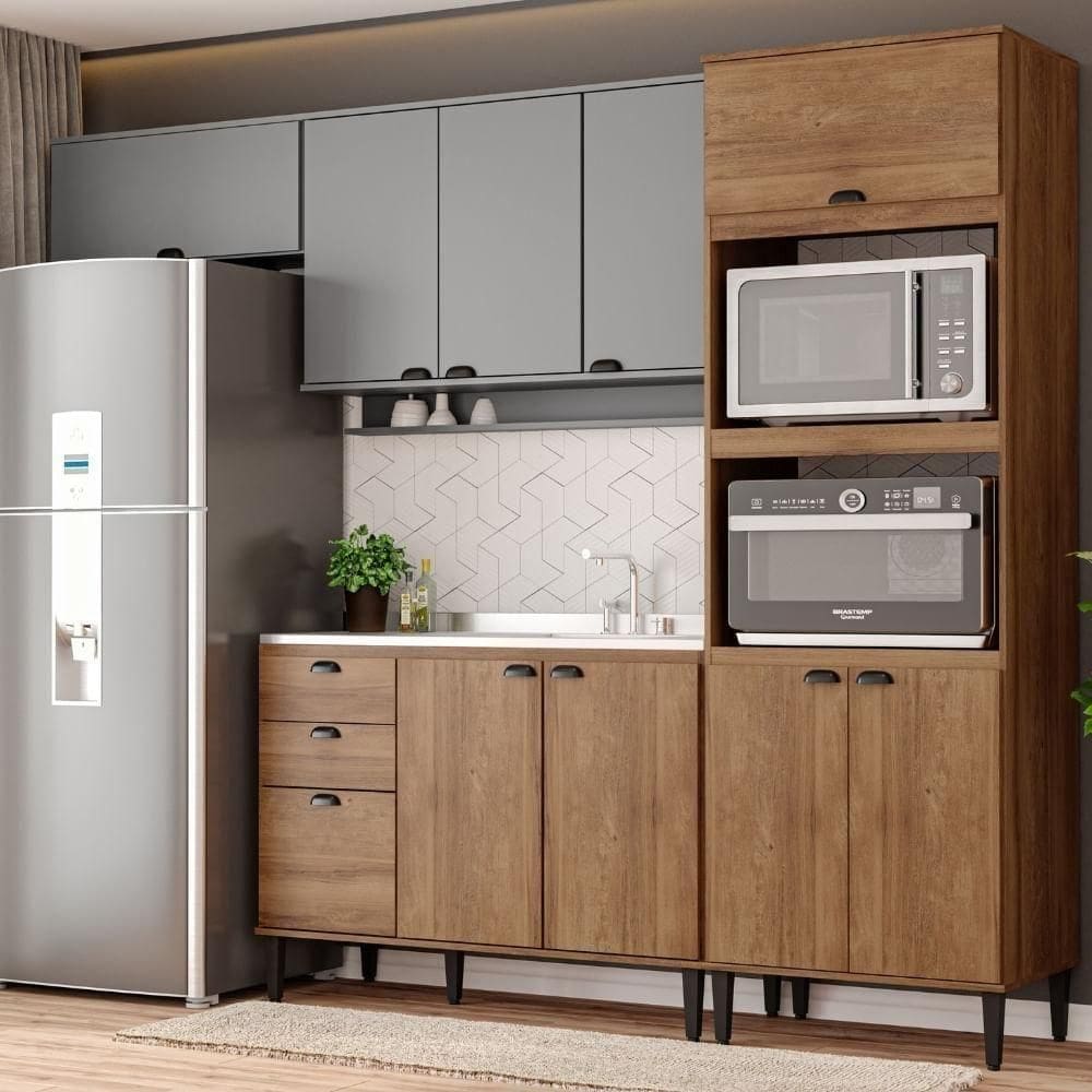 Armário De Cozinha Completa C/ Balcão Lótus Edge Carraro Freijó Com Cinza Titânio