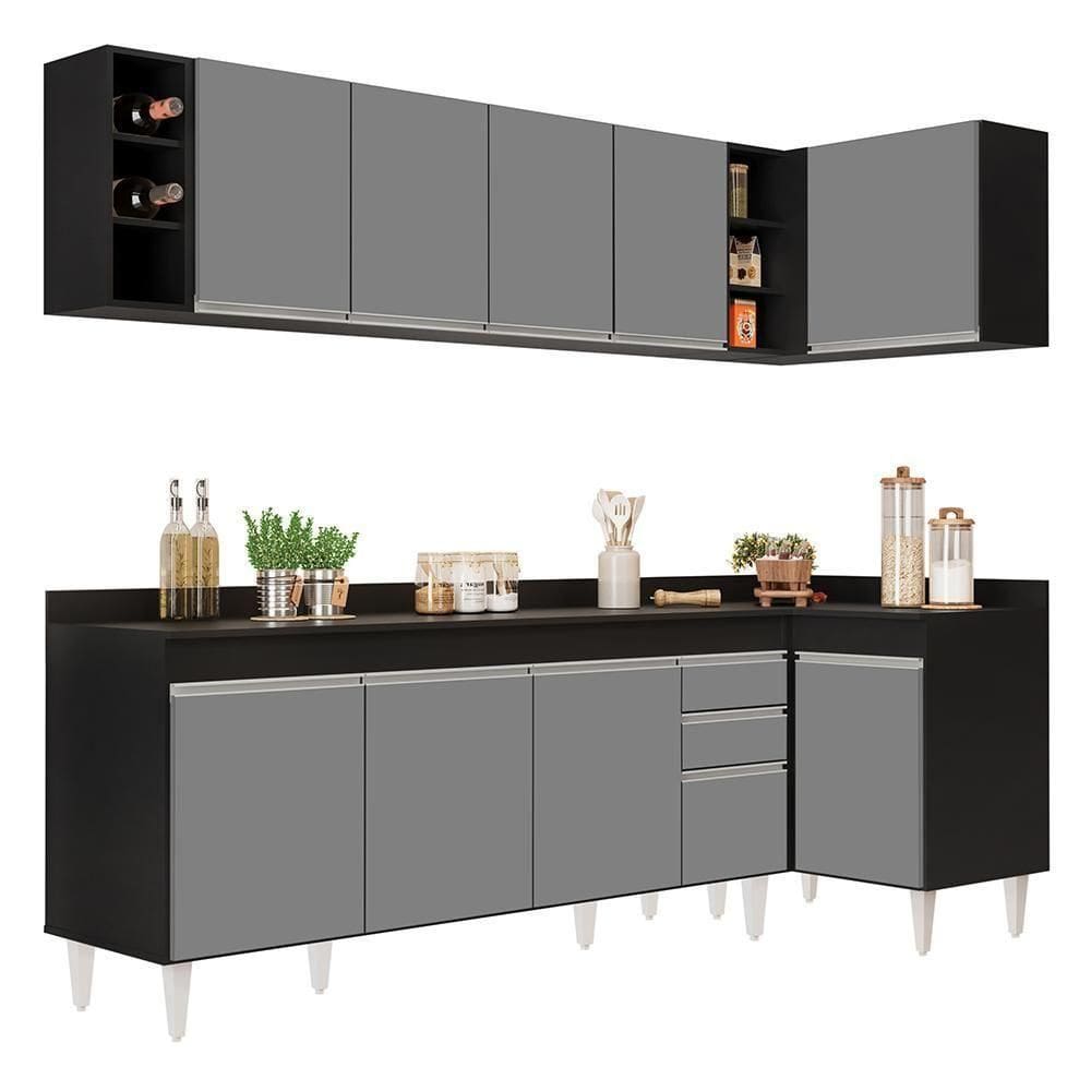 Armário De Cozinha Modulado De Canto Esquerdo 5 Peças Cp53 Balcão Com Tampo Preto-cinza - Lumil