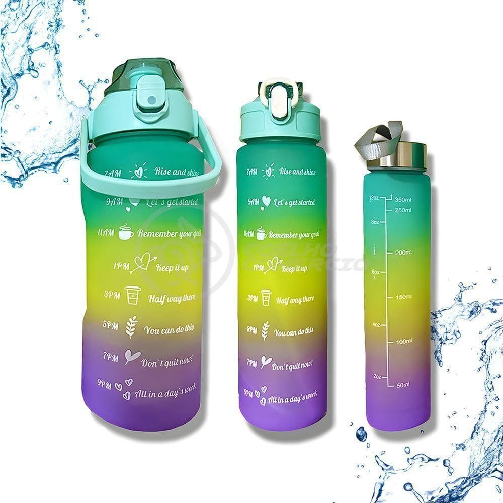 Kit 3 Em 1 Garrafas De água Motivacionais Verde De 2l Squeeze Colorida Tie Dye Com Adesivos 2d E 3d