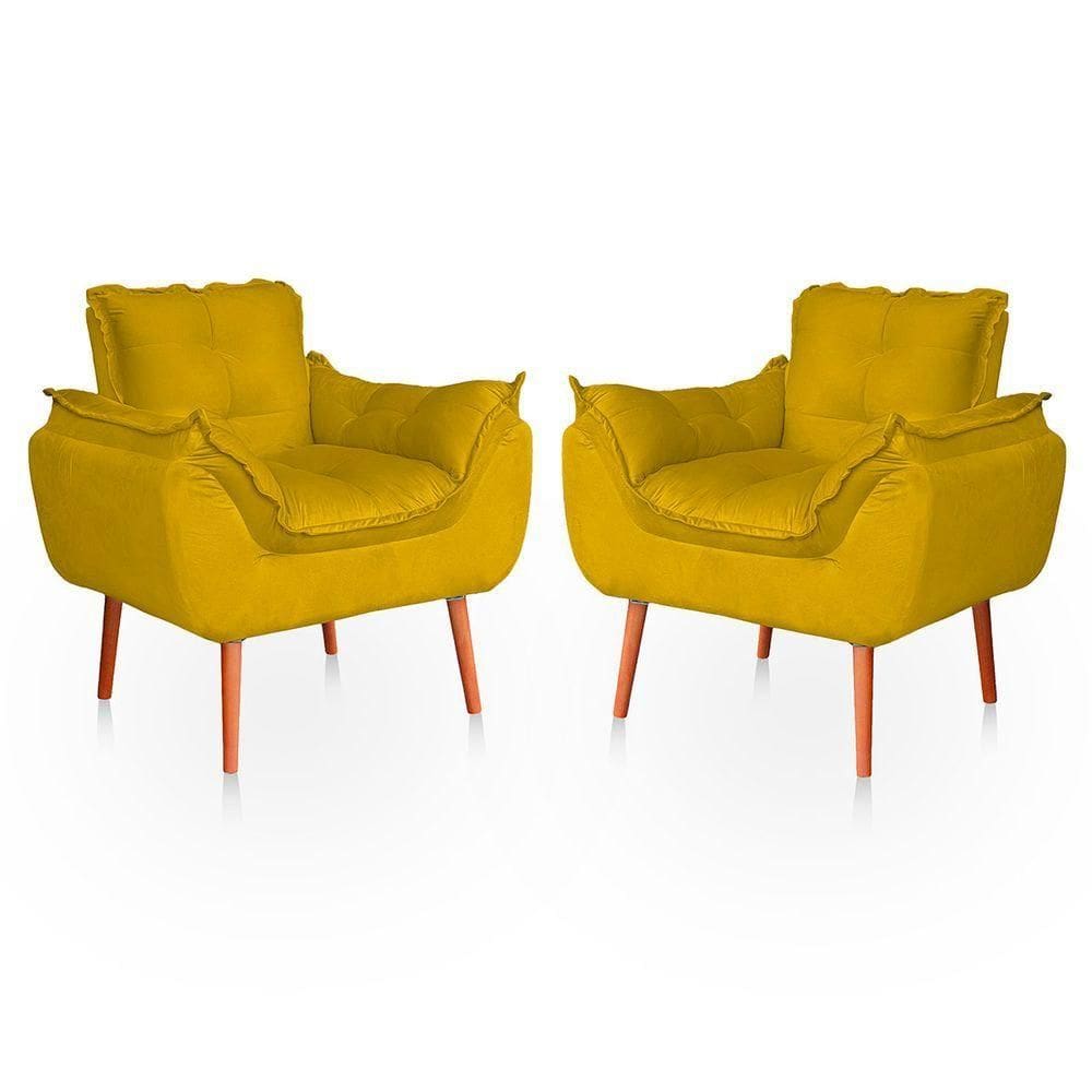 Kit 02 Poltronas Opala Para Sala Confortável Resistente Veludo Bege Amarelo
