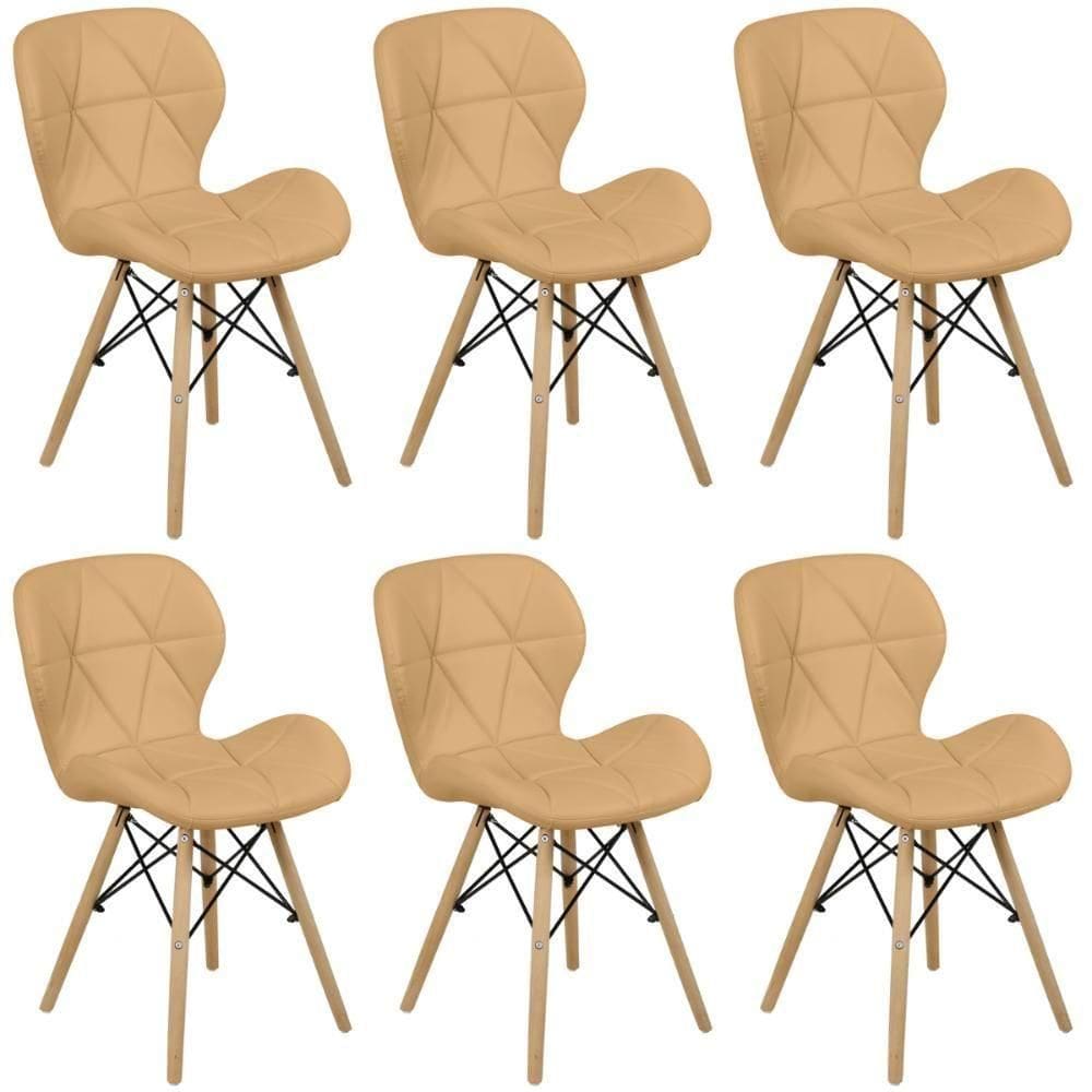 Kit 06 Cadeiras Charles Eames Eiffel Slim Wood Estofada - Nude Escuro