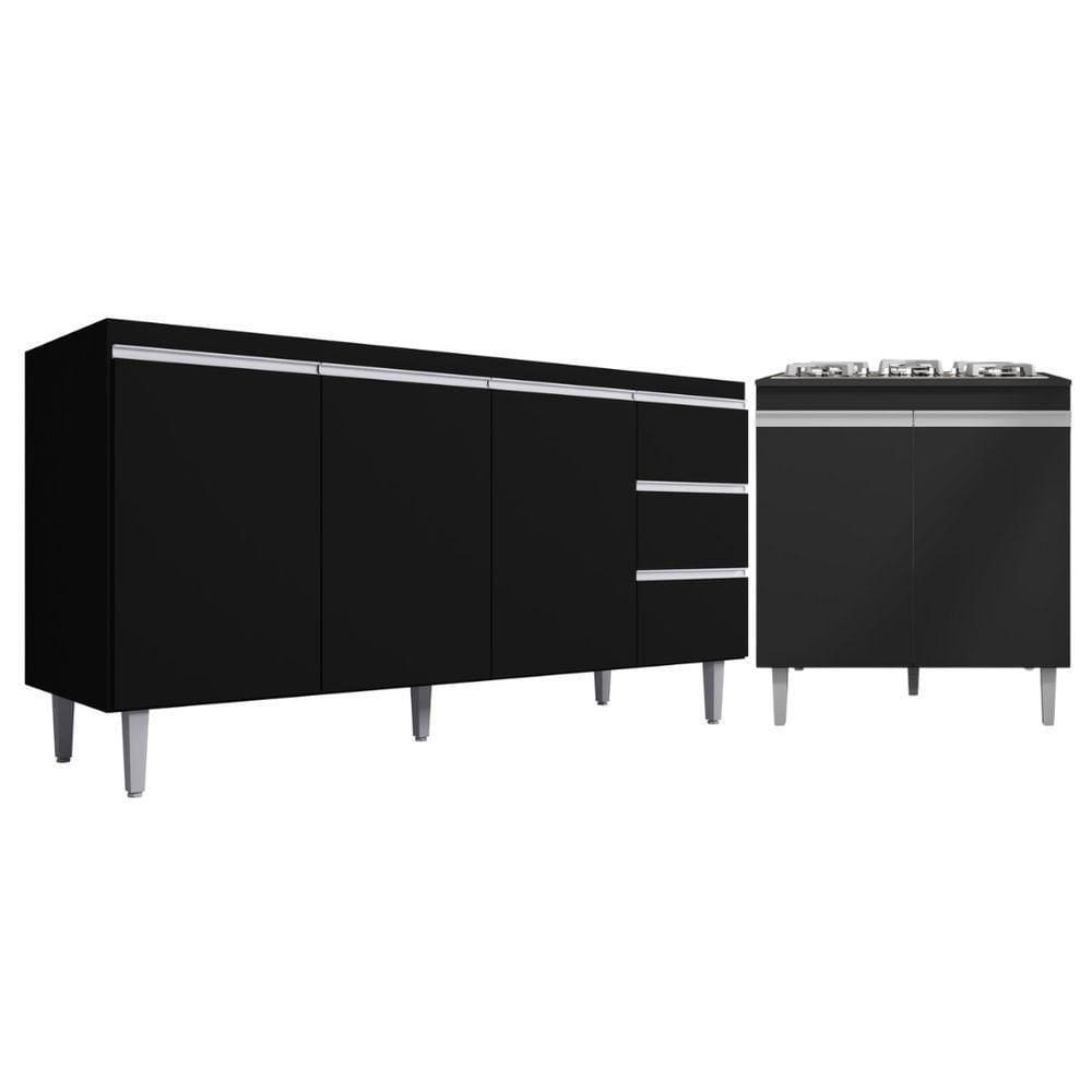 Kit Balcão Gabinete Para Pia Andreia 150cm C- Balcão Cooktop 4 Ou 5 Bocas Preto