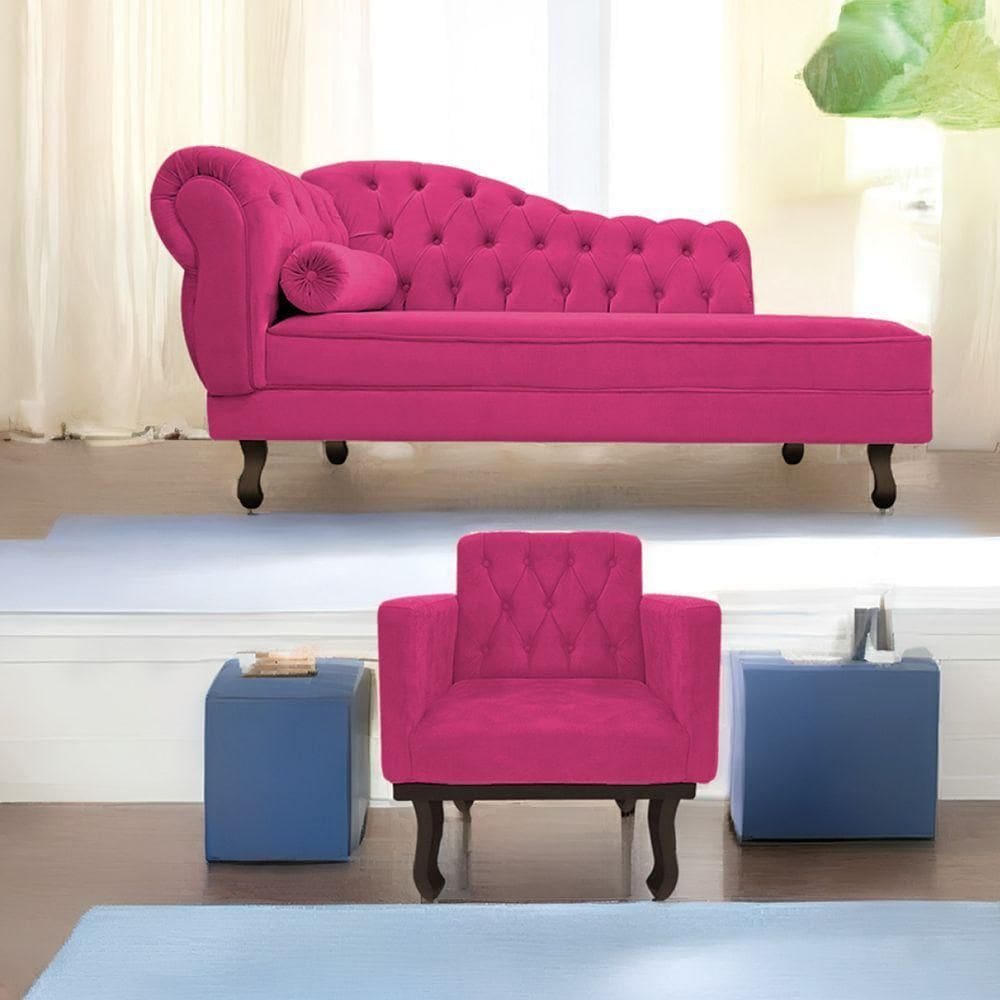 Kit Diva Recamier Diana 160Cm Lado Direito E 01 Poltrona Classic Suede - Doce Sonho Móveis Pink