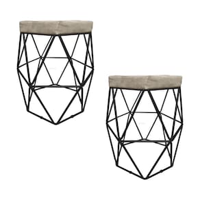 2 Puffs Decorativo Hexagonal Aramado Preto Suede Bege