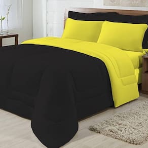 Edredom Dupla Face 100% Algodão Malha Queen Gran Moratta 01 Peça - Preto- Amarelo